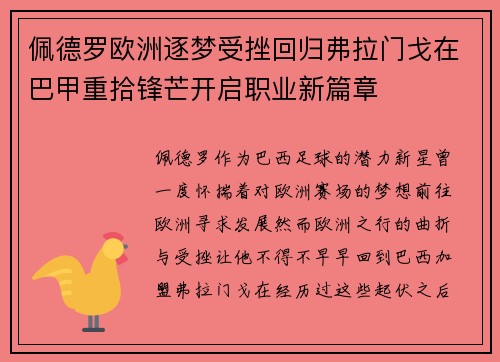 佩德罗欧洲逐梦受挫回归弗拉门戈在巴甲重拾锋芒开启职业新篇章