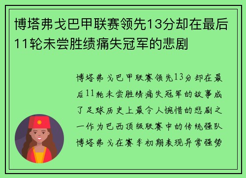 博塔弗戈巴甲联赛领先13分却在最后11轮未尝胜绩痛失冠军的悲剧