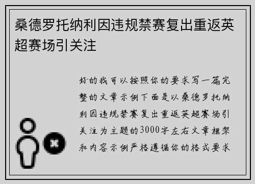 桑德罗托纳利因违规禁赛复出重返英超赛场引关注